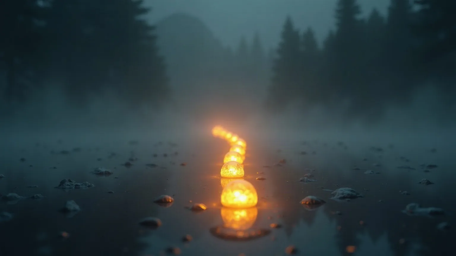 Golden crystals in a precise line receding into fog