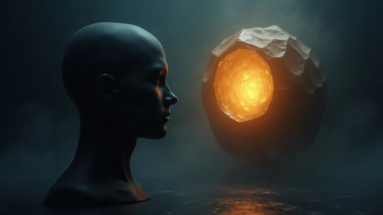 A head in profile opening into a glowing golden cavern